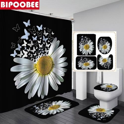 White Butterfly Flower Bathroom Curtains with Hooks Sunflower Shower Curtain Set Black Toilet Cover Non-slip Floor Mat Bath Rugs