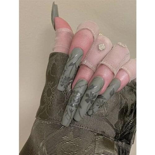 Middle-long lady pure color with Green petals pattern false nails 24pcs with glue Tooling style full nail tips Nail art Ins