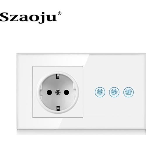EU/UK Standard Tempered Crystal Glass Wall Panel Light Touch Switch With Socket Combination Sensor Button German Plug 16A 220V