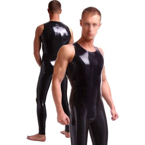 New fashion Mens sexy black latex tights clothes fetish sleeveless rubber garment catsuit without zipper