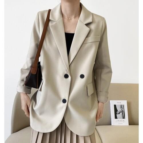 Obrix Female Loose Office Lady Suit Jacket V-Neck Double Breasted Full Sleeve Streetwear Casual Style Outerwear