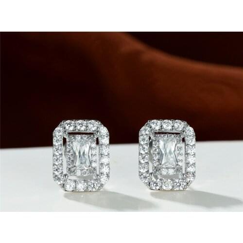 Charm Bride Silver Color Wedding Earrings Female Luxury Crystal Small Stud Earrings White Zircon Square Stone Earrings For Women