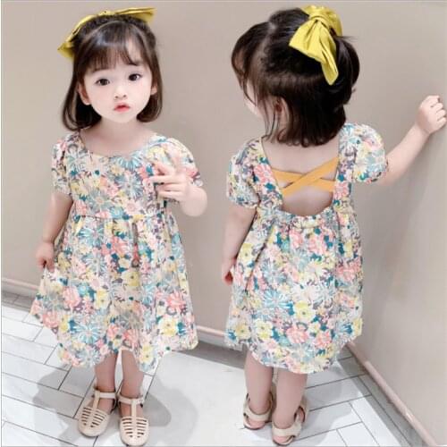 Little Baby Girl Short-sleeved Dress with Flower Print, Cross Strap Decoration Back Cool Hollow Design A-Line Summer Clothing