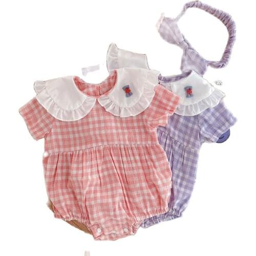 Parcel mail delivery belt 0 ~ 3 years old Plaid Dress Baby Girl Doll collar creeping suit baby short sleeve one-piece suit