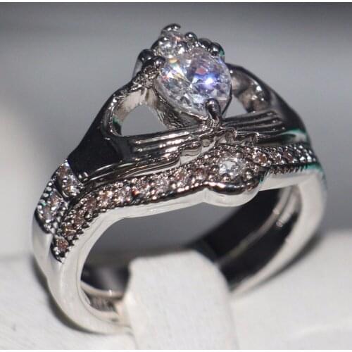 Size 5-11 Choucong Unique Desgin Vintage Jewelry Claddagh 10KT White Gold Filled Clear 5A CZ Women Wedding Heart Couple Ring Set