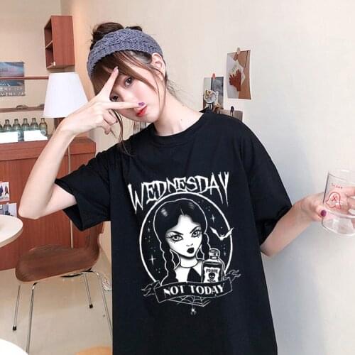 Harajuku Gothic Punk wednesday Print Graphic Tumblr Tops Summer kpop casual loose short sleeve O-Neck Grunge Black T-Shirt women