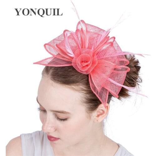 Nice Pink Flower Wedding Headwear Hair Pin Sinamay Fascinators With Feather Cocktail Party Hat Wedding Hair Accessories