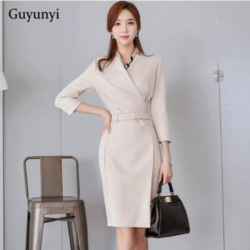 Elegant Office Lady Dress 2021 Autumn Asymmetry High Waist Decorative Belt Solid Color Temperament Party Dress Women
