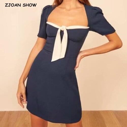 2021 Retro French Rope Bandage Bow Short Sleeve Short Dress for Woman Navy White Patchwork Backless Mini Dresses Holiday