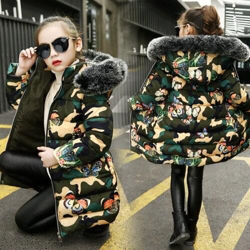 Winter Girls Cotton Jacket Long Children Down Cotton Jackets Fashion Hooded Camouflage Girls Winter Outerwear Warm Kids Clothes