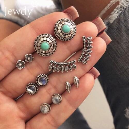 6 Pairs/Set Green Purple Opal Stud Earrings for Women Wedding Party Boucle D'oreille Flower Pattern Earring Jewelry Brincos