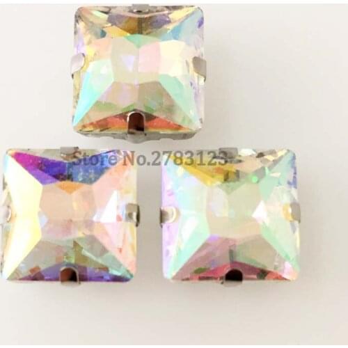 AB color square shape Silver bottom Super flash Glass Crystal sew on rhinestones 20pcs/bag diy Clothing accessories
