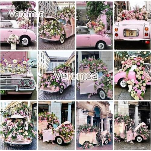 Full Square Round Drill Diamond Painting Pink Flower Street Landscape 5D Diy Diamond Embroidery Car Mosaic Home Decor Gift