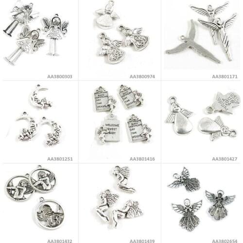 Antique Silver Tone Jewelry Making Charms Fairy Angel Cupid Signs Gift Moon Cross Elf Cherub Genius Bracelet Pendant Necklace