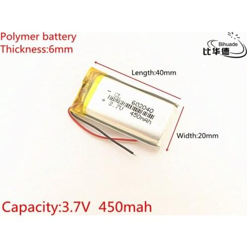Free shipping 3.7V 450mAH 602040 PLIB polymer lithium ion / Li-ion battery for dvr GPS mp3 mp4