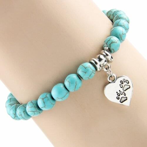 Bespmosp Vintage Heart Dog Cat Animal Feet Footprint Blue Bead Pendant Bracelet Women Girl Bangle Statement Jewelry Wristband