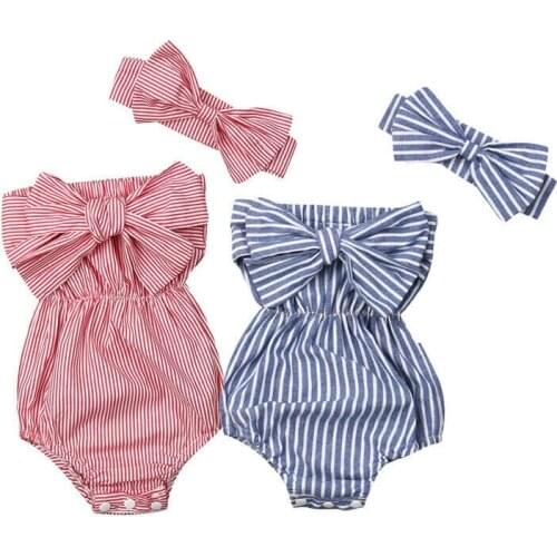 Baby Girls Bodysuits Newborn 2019 Summer Infant Clothes Striped Jumpsuit Bandeau Bodysuit+Headband Toddler Kids Outfit 0-2T