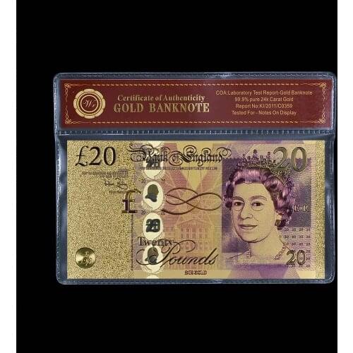 COLOURED British Gold Banknote 20 GBP Pounds Note+Certificate New 1 piece