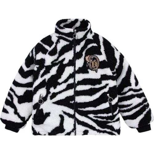 Zebra Stripe Pattern Animal Children‘s Faux Fur Coat Baby Thicken Warm Jacket Fleece Fashion Padded Zipper Casual Outwear Cotton