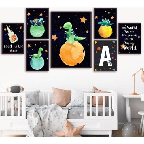 Dinosaur Space Planet Custom Baby Name Nursery Canvas Painting Wall Art Nordic Posters Prints Wall Pictures Boys Room Decoration