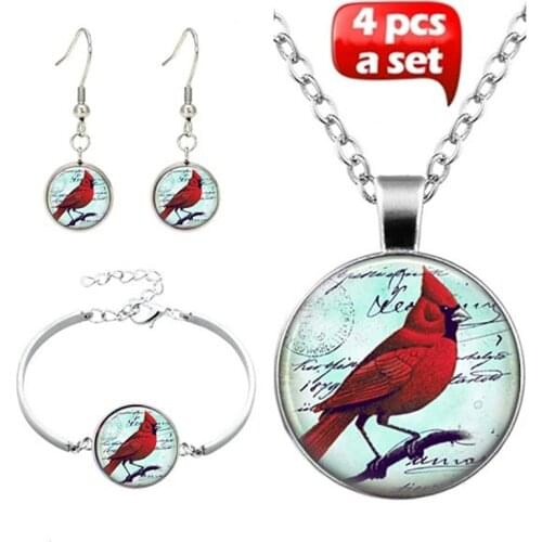 Northern Cardinal Bird Jewelry Northern Cardinal Bird Glass Necklace Stud Earring Bracelet Bangle Set Totally 4Pcs Fashion Set