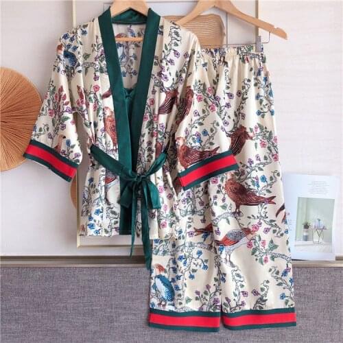 3 Pieces Set Womens Pajamas Set Plus Size Floral Satin Silk Sleepwear Loungewear Pjs Kawaii Summer Clothes Home Wear