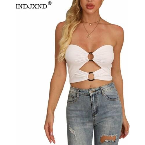 INDJXND Fashion Cut-Out Black Sleeveless Crop Tops For Women Ring Buckle Backless Tanks Girls Camis Polyester White Red Clothes