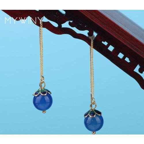 NEW MYWINY fashion jewelry long Copper chains earrings,vintage blue earrings enamel cap women