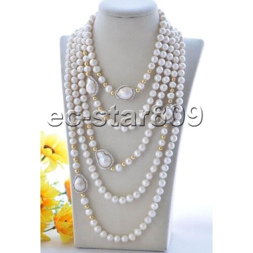 P7430 18”-100" 10mm White Round Freshwater & Keshi Drop Pearl CZ Bead Necklace
