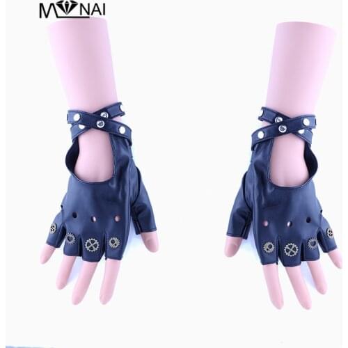 Women Fashion PU Leather Black Half Finger Gloves Cool Steam Punk Gears Fingerless Gloves