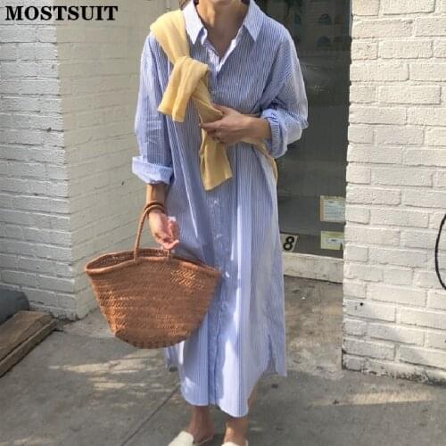 Chic Casual Striped Shirt Dress Women Autumn Full Sleeve Single Breasted Loose Waist Long Dresses Fashion Basic Female Vestidos