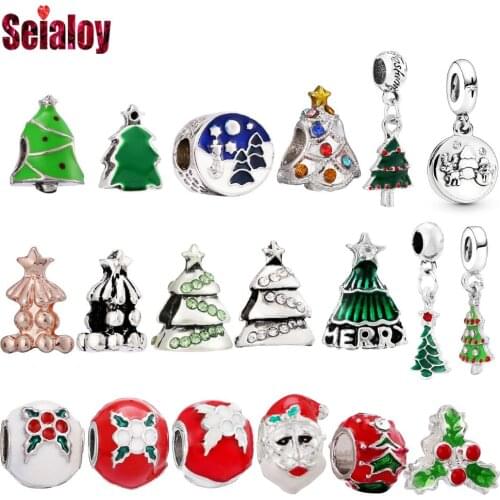 Seialoy 2pcs/lot Red & Green Christmas Tree Beads Christmas Tree Pendant Fit Brand Charm Bracelets Xmas Jewelry Making Accessory