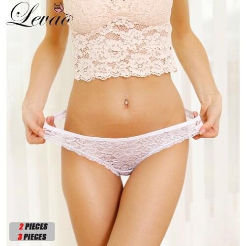 LEVAO 3PCS Sexy Women Lace Panties Set Transparent Female Cotton Underwear Thong G-String Hollow Out Flower Breathable Briefs
