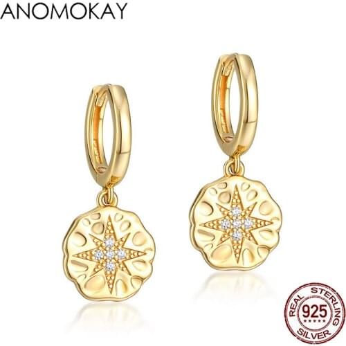 Anomokay Trendy White Zircon Gold Color Star Earring Dangler 100% 925 Sterling Silver Women Round Earring for Daily Leisure