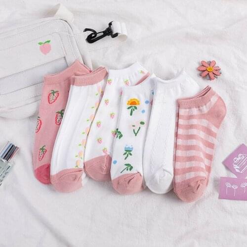 Spring Summer Thin Cute Invisible Socks Women Student Japanese Pink Strawberry White Cotton Woman Socks