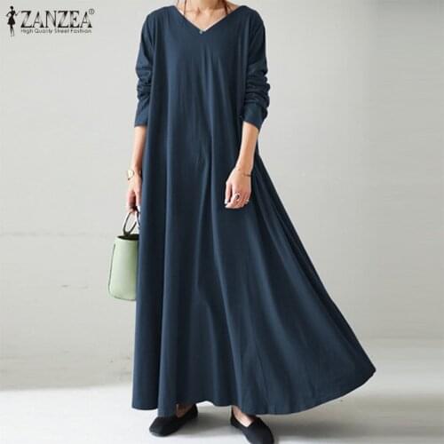 Stylish Solid Maxi Dress Womens Spring Sundress ZANZEA 2021 Casual Long Sleeve Vestidos Female V Neck Robe Femme Oversized