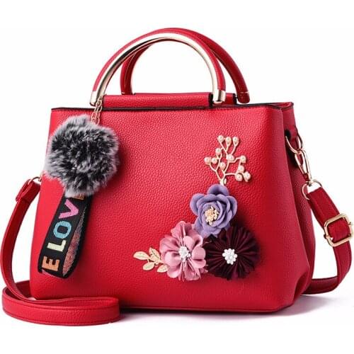 Women Bag Pu Leather Handbag Women Shoulder Bag Flowers Shell Sac A Main Femme Rivets Fur Ball Pendant Luxury Designer Ladies