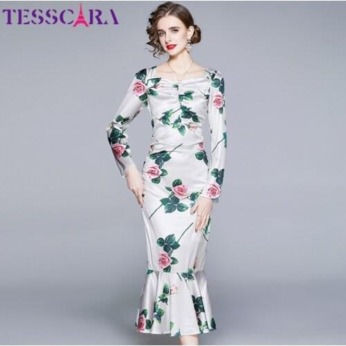 TESSCARA Women Spring & Autumn Elegant Trumpet Dress Festa High Quality Long Floral Party Robe Femme Vintage Designer Vestidos