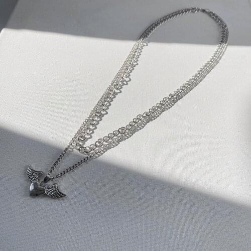 Heart Wings Necklace Woman Hip Hop Bridal Necklaces Chain High Quality Pendant Jewelry Silver Color Vintage Kpop Alloy Collares