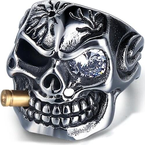 Punk Jewellery 316L Stainless Steel Men Ring Vintage Viking Skeleton Finger Band Rings With Crystal Eye Mens Jewelry
