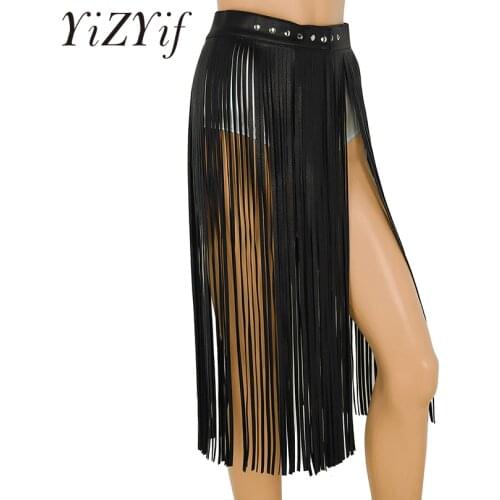 YiZYiF Women Sexy Tassel Skirts Goth Hippie Boho Waistband Long Fringe Black Leather Skirt High Waist Skirt Holographic Skirt