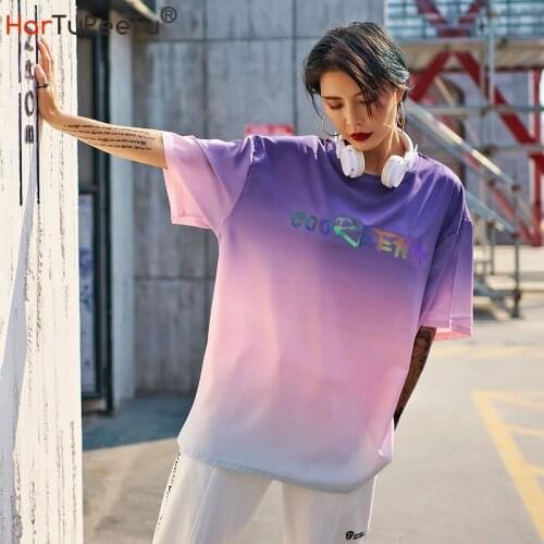 Gradient T Shirts Women Summer 2021 Harajuku Reflective Letters Logo Loose Tees Digital Creativity Eye Print Plus Size Tops