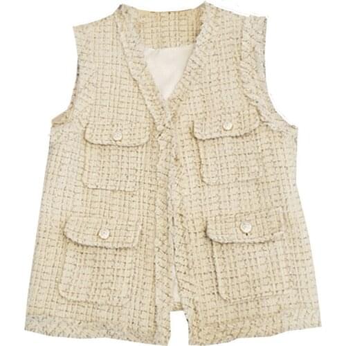 Women Plaid Tweed Vest Autumn Spring Sweet Ladies Tassels Pockets Sleeveless Jacket Top Outerwear Drop Free Shipping