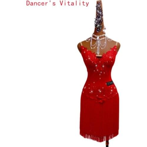 Latin Dance Dress Sexy Tassel Suspender Halter Embroidered Skirt Women Custom Professional Competition Performance Dance Clothes