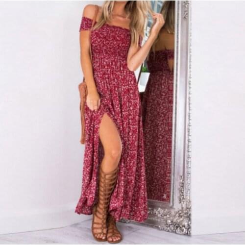 2019 Newest Hot Fashion Casual Womens Ladies Dresses Summer off shoulder Boho Dress Casual Floral Beach Long Sundress Red Blue