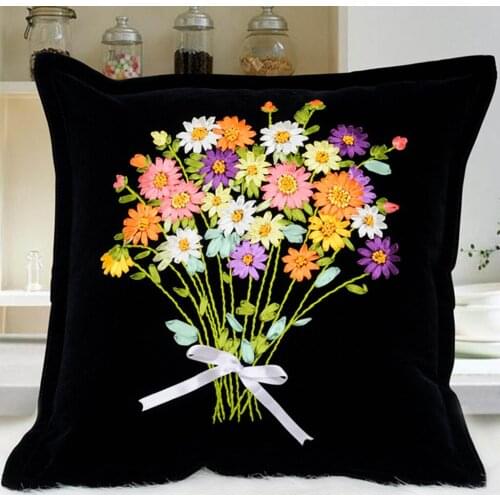 1 Set Ribbon Embroidery Kit Little Flower Daisy DIY Wall Decor, Gifts for Friends Families (45x45cm)