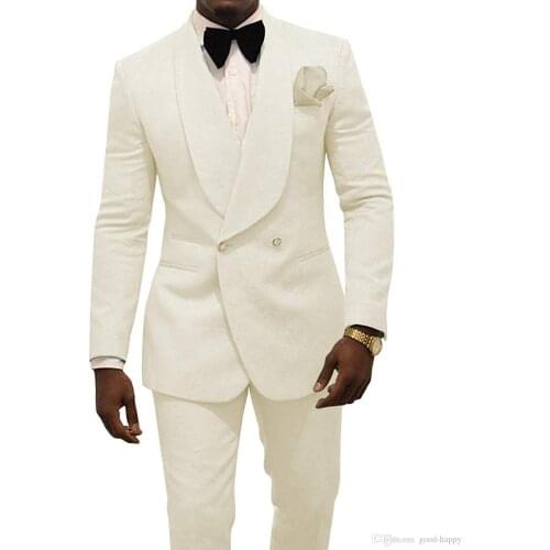 2021 Custom Made Ivory Jacquard Groomsmen Groom Tuxedos Double Breasted Men Suits Wedding Best Man Blazer 2 Pieces Costume Homme