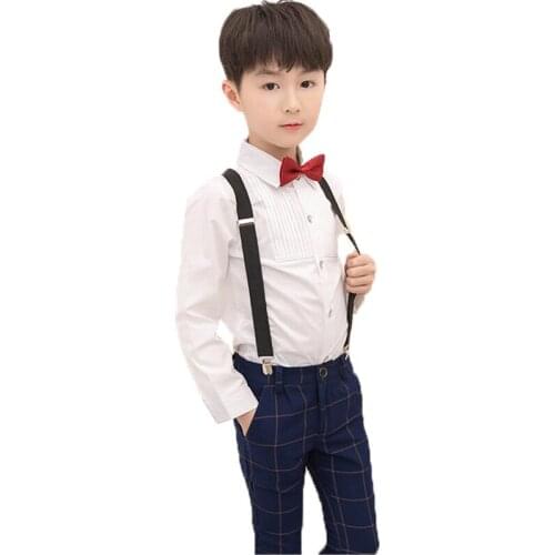Kids Suit For Boys Formal Wedding Set Prince School student Dress Gentleman Kids Strap Shirt Pants Bowtie 4Pcs ceremony Costume