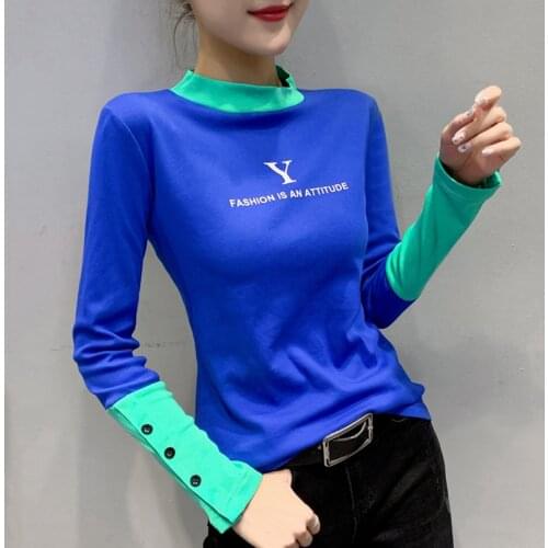#5524 Spring Autumn Spliced Color T Shirt For Girl O Neck Casual False Two Piece Stretch Womens Tee Shirts Long Sleeved Sexy Top