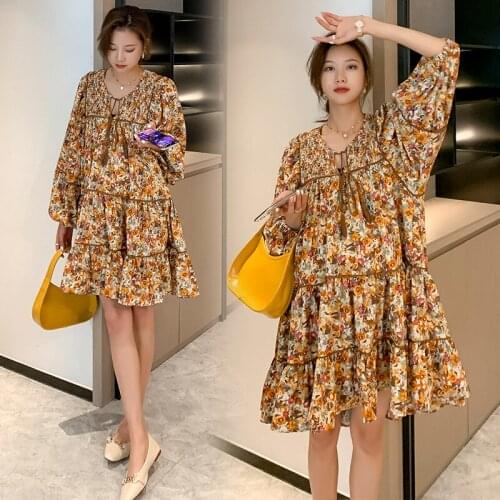 638# Maternity Dress Spring Autumn Chiffon Floral Dress Brown Long Sleeves Loose Stylish Dress Pregnant Women Mom Dress